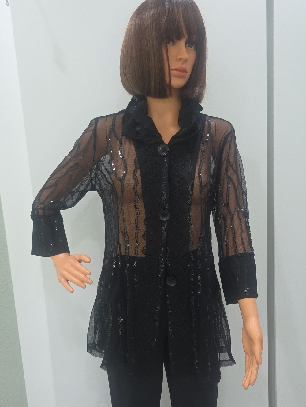 Elegant Black Sheer Sequin Button-Front Women's Evening Top-Size Small
